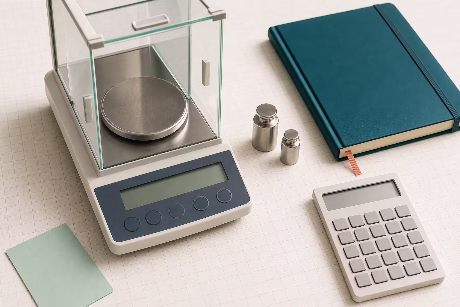 Analytical balance, calibration weights, and calculator for mass conversion