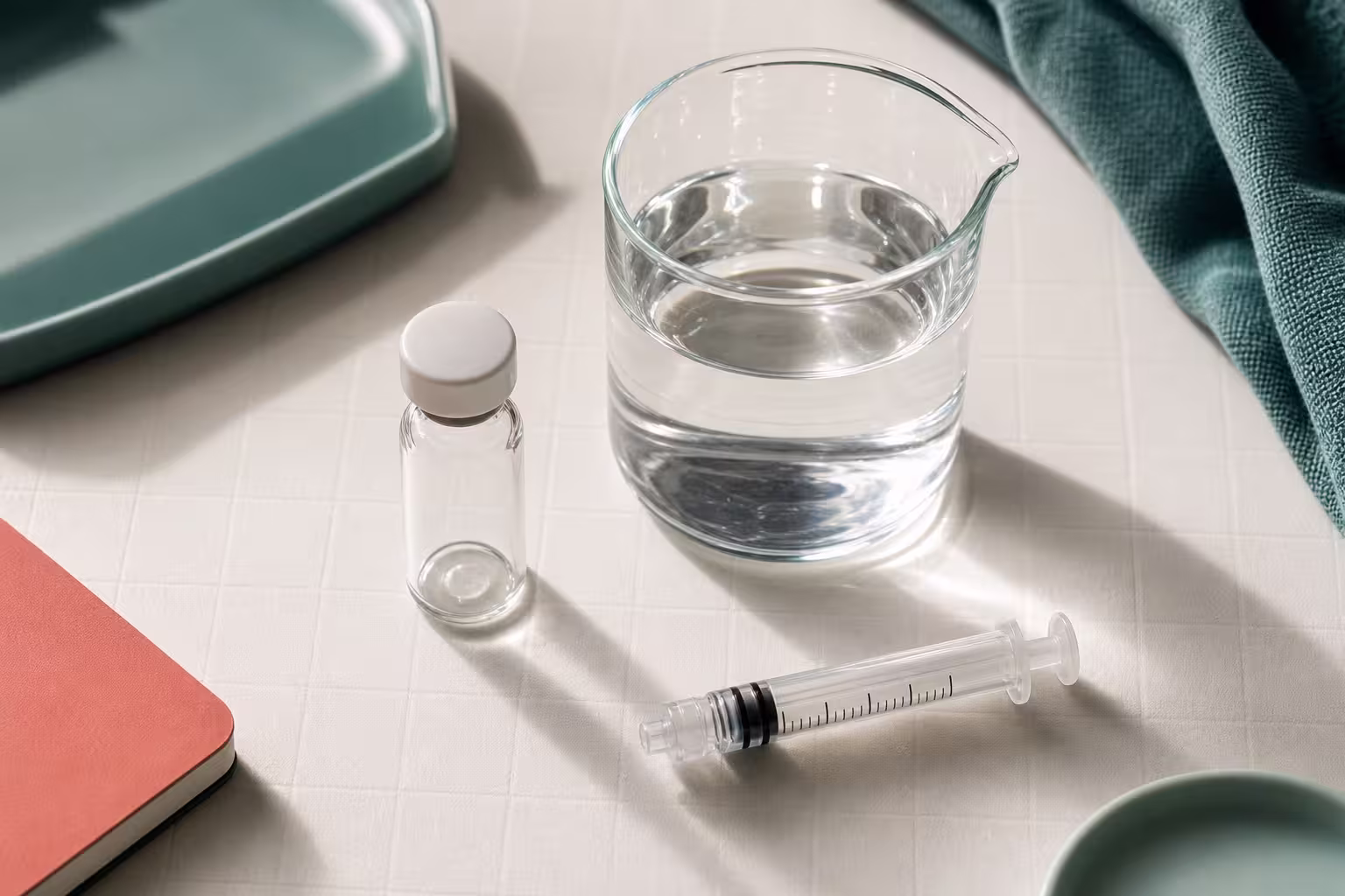 Unlabeled vial, clear water vessel, and needleless syringe arranged for reconstitution arithmetic