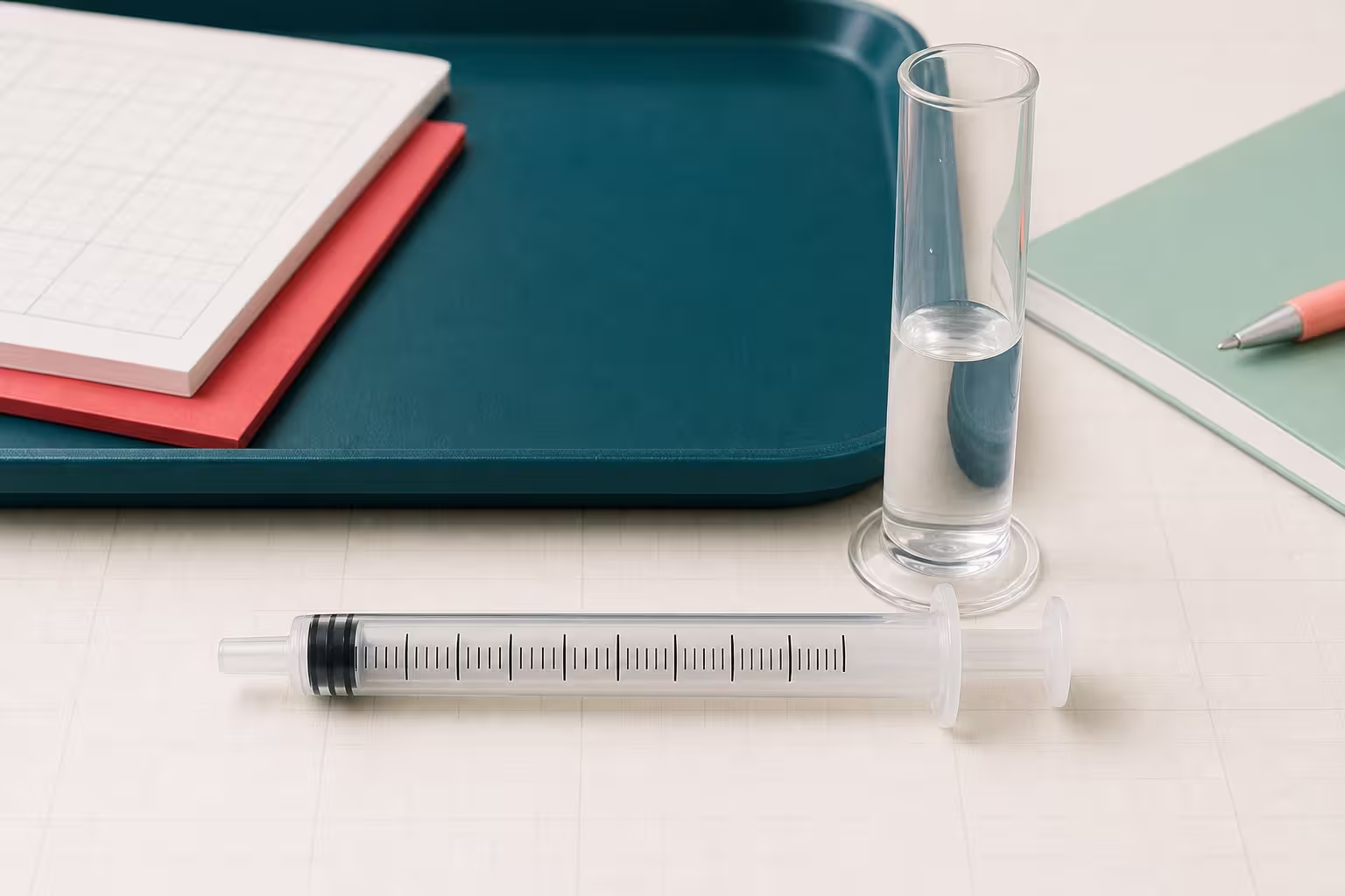 Needleless graduated syringe beside a clear laboratory measurement vessel